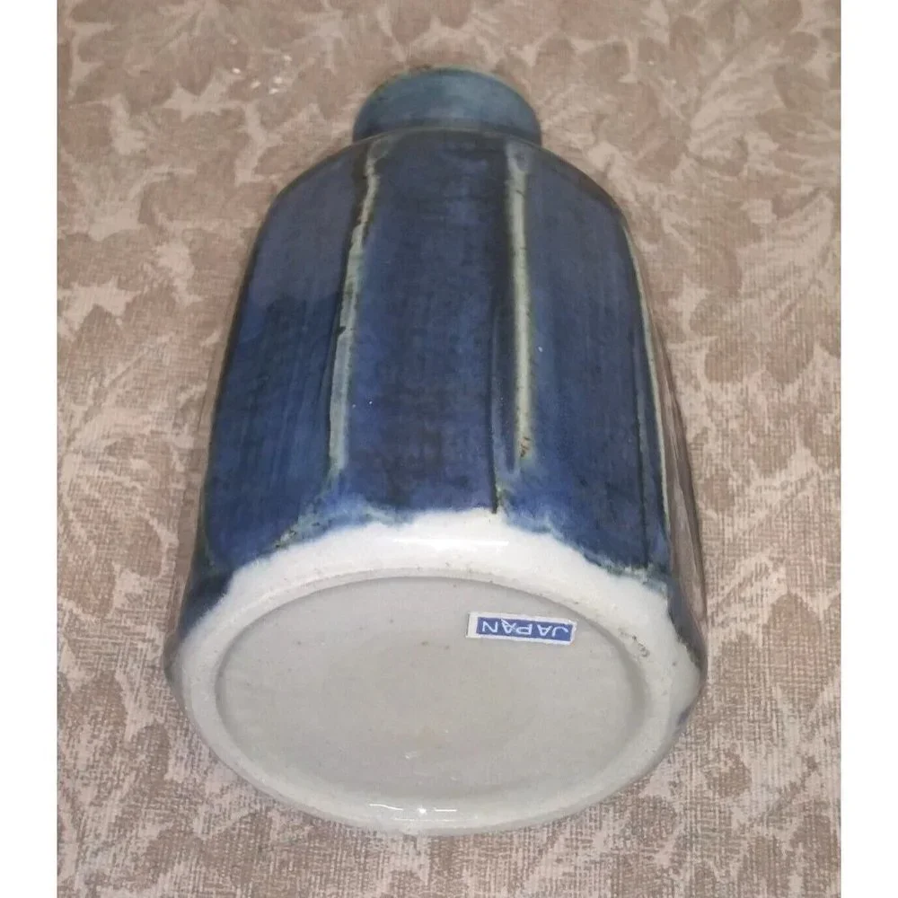 Ikebana Bottle Vase Japanese Mashiko Ware blue Glaze octagon unique HTF ?VTG